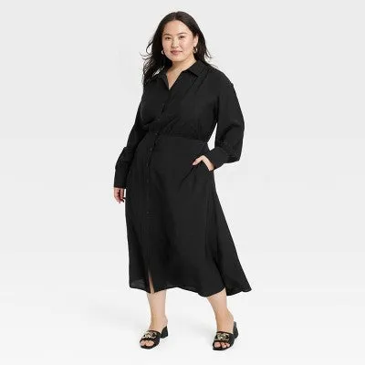 New - Women's Long Sleeve Collared Midi Crepe Shirtdress - A New Day Black 4X