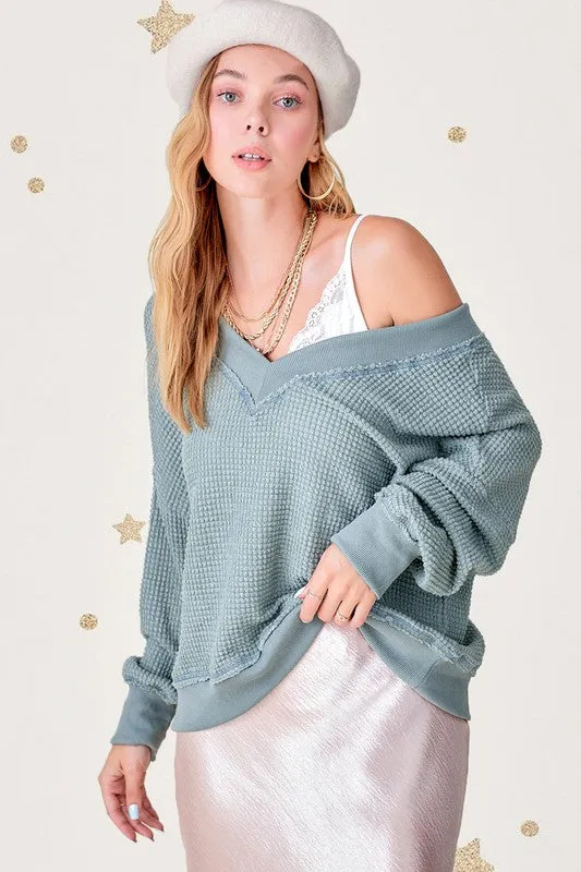 Oversized V Neck Waffle Knit Sweater