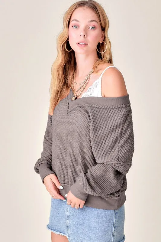 Oversized V Neck Waffle Knit Sweater