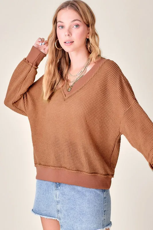 Oversized V Neck Waffle Knit Sweater