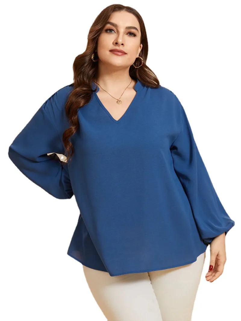 Plus Size V-neck Elastic Waist Long Sleeves Blouse