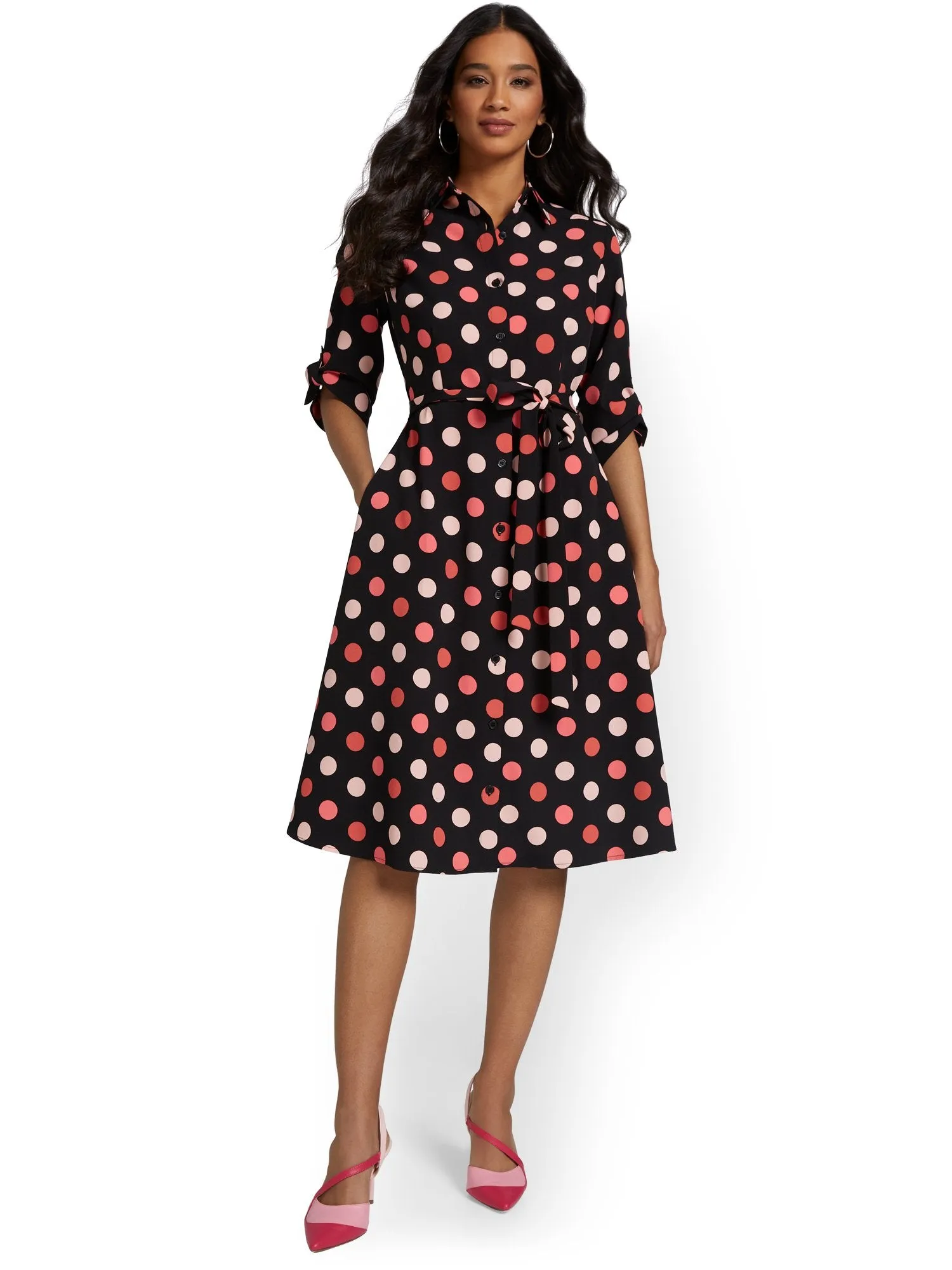 Polka-Dot Tie-Waist Shirtdress