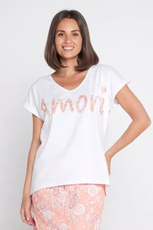 Print Motif V Neck Tee - White/Peach Paisley