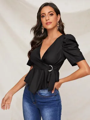 Puff Sleeve Asymmetrical Ruffle Hem Wrap Knot Top