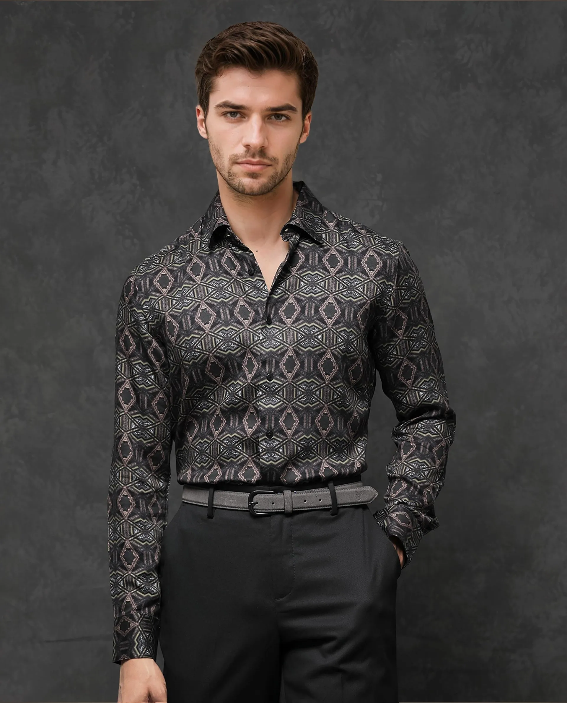 Rare Rabbit Men's Capel Black Viscose Fabric Full Sleeves Abstract Geometric Print Shirt