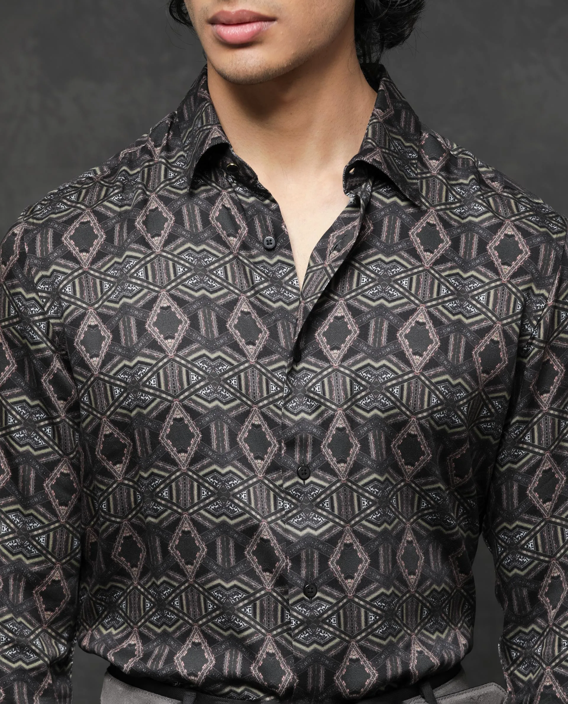 Rare Rabbit Men's Capel Black Viscose Fabric Full Sleeves Abstract Geometric Print Shirt