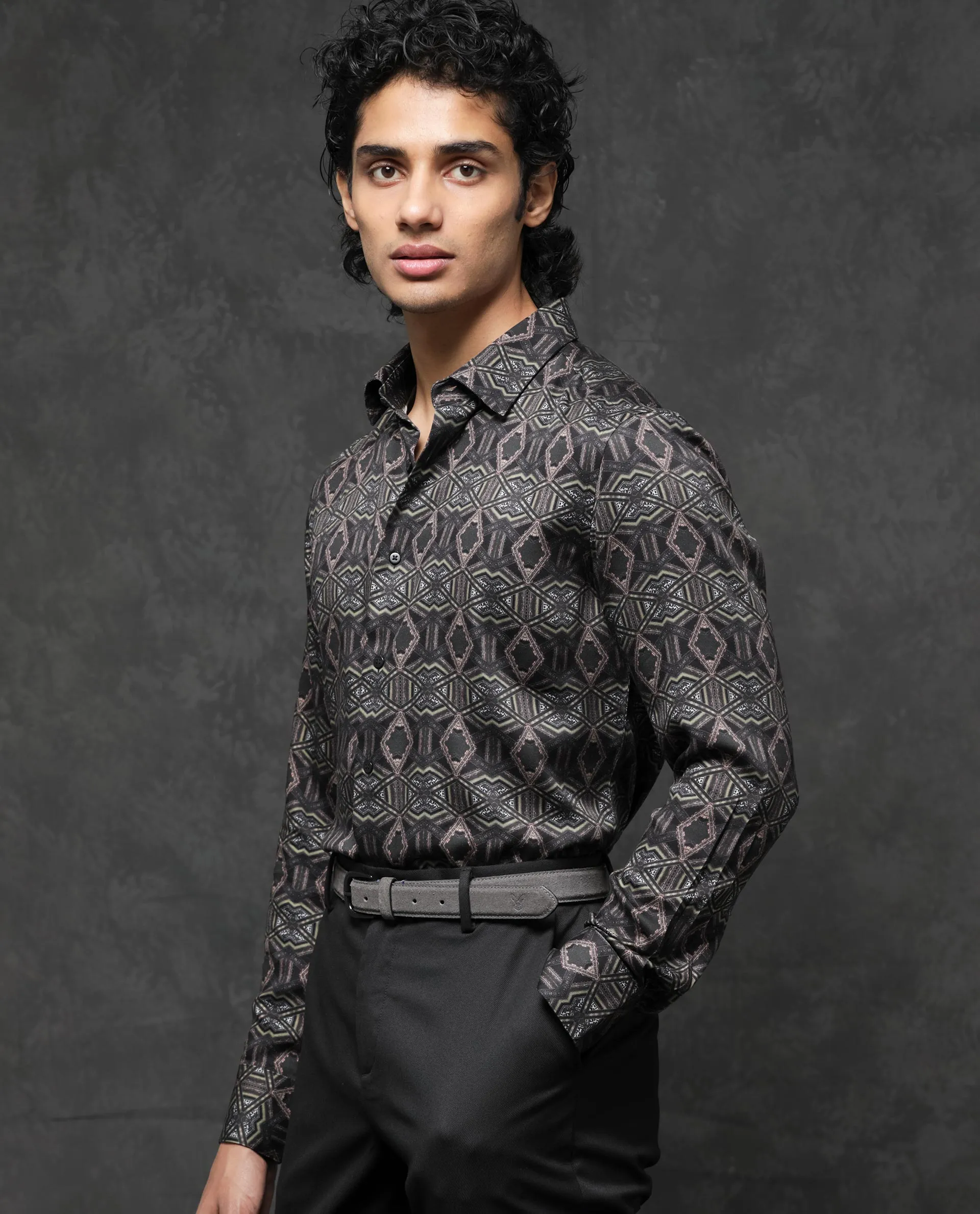 Rare Rabbit Men's Capel Black Viscose Fabric Full Sleeves Abstract Geometric Print Shirt