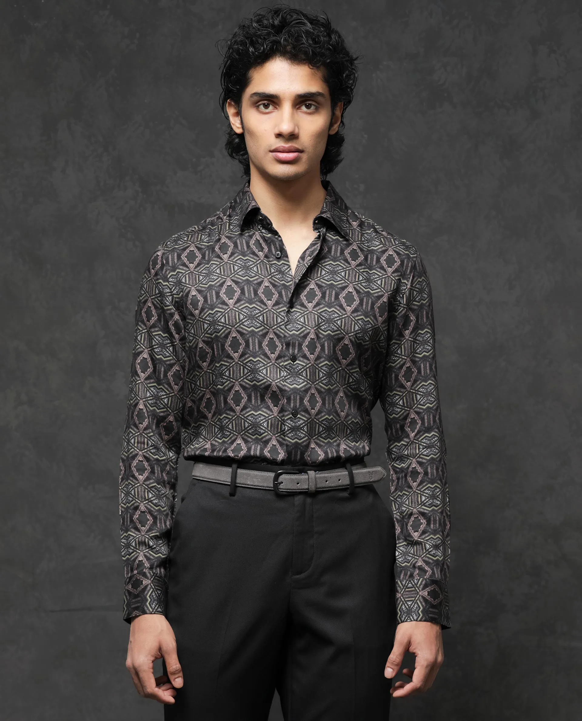 Rare Rabbit Men's Capel Black Viscose Fabric Full Sleeves Abstract Geometric Print Shirt