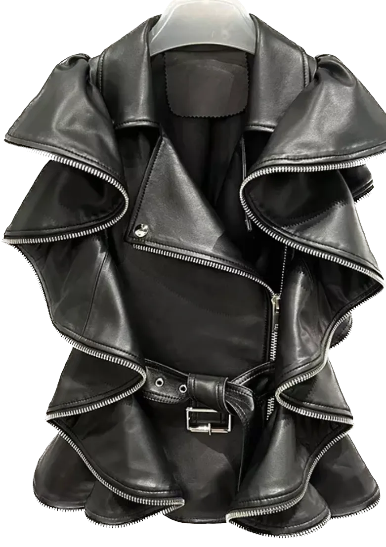 Ruffle Leather Vest with Zipper Detail