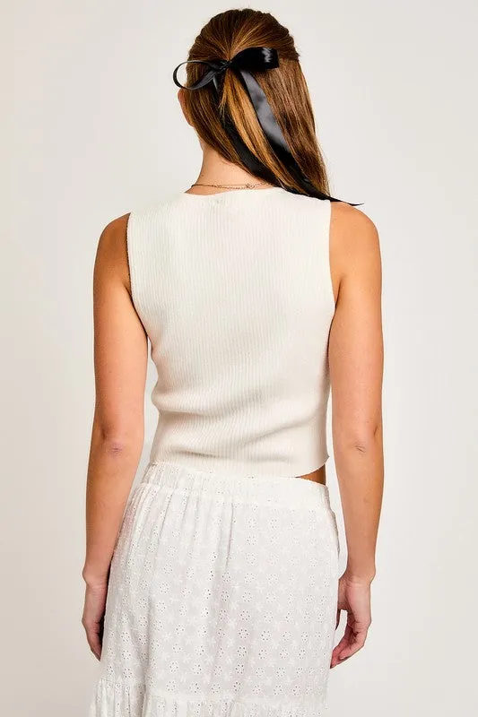 SATIN BOW DETAIL SLEEVELESS SWEATER TOP