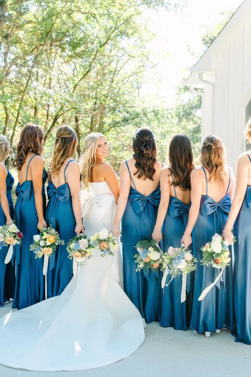 Simple Mermaid Spaghetti Straps Blue Long Bridesmaid Dresses