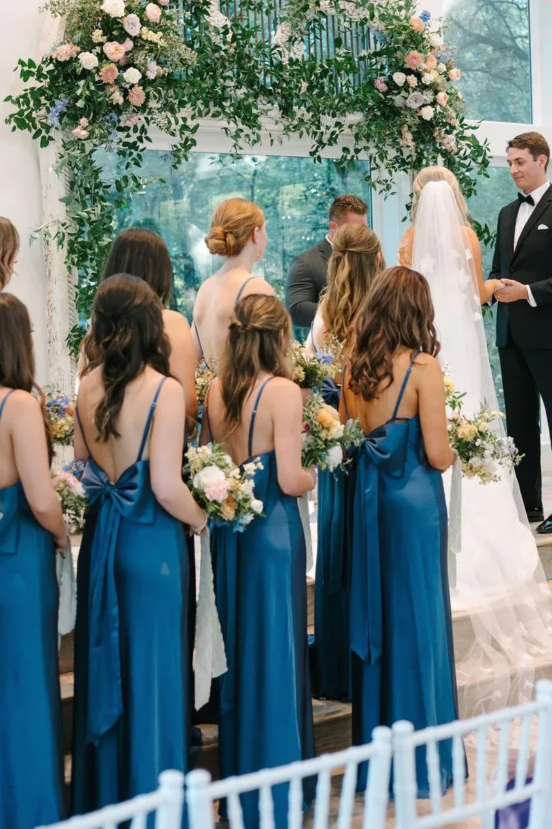 Simple Mermaid Spaghetti Straps Blue Long Bridesmaid Dresses