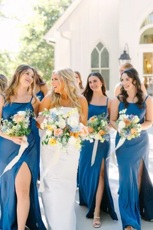 Simple Mermaid Spaghetti Straps Blue Long Bridesmaid Dresses