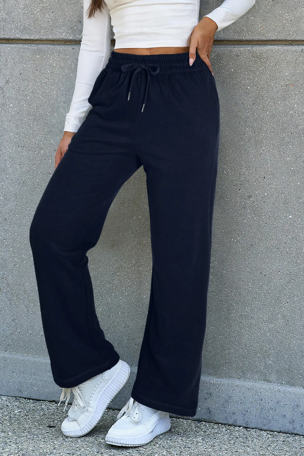 Solid Fleece Lined Drawstring Waist Pants