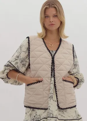 Solid Quilted Vest with Woven Scalloped Trim in Sand by Entro