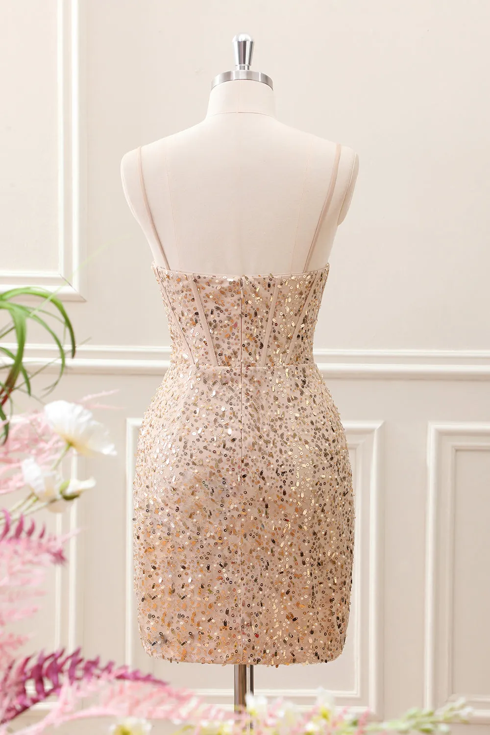 Sparkly Golden Sequined Corset Tight Spaghetti Straps Mini Dress