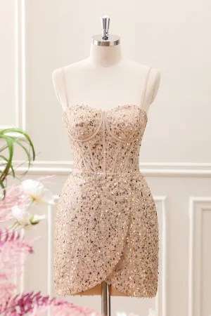 Sparkly Golden Sequined Corset Tight Spaghetti Straps Mini Dress