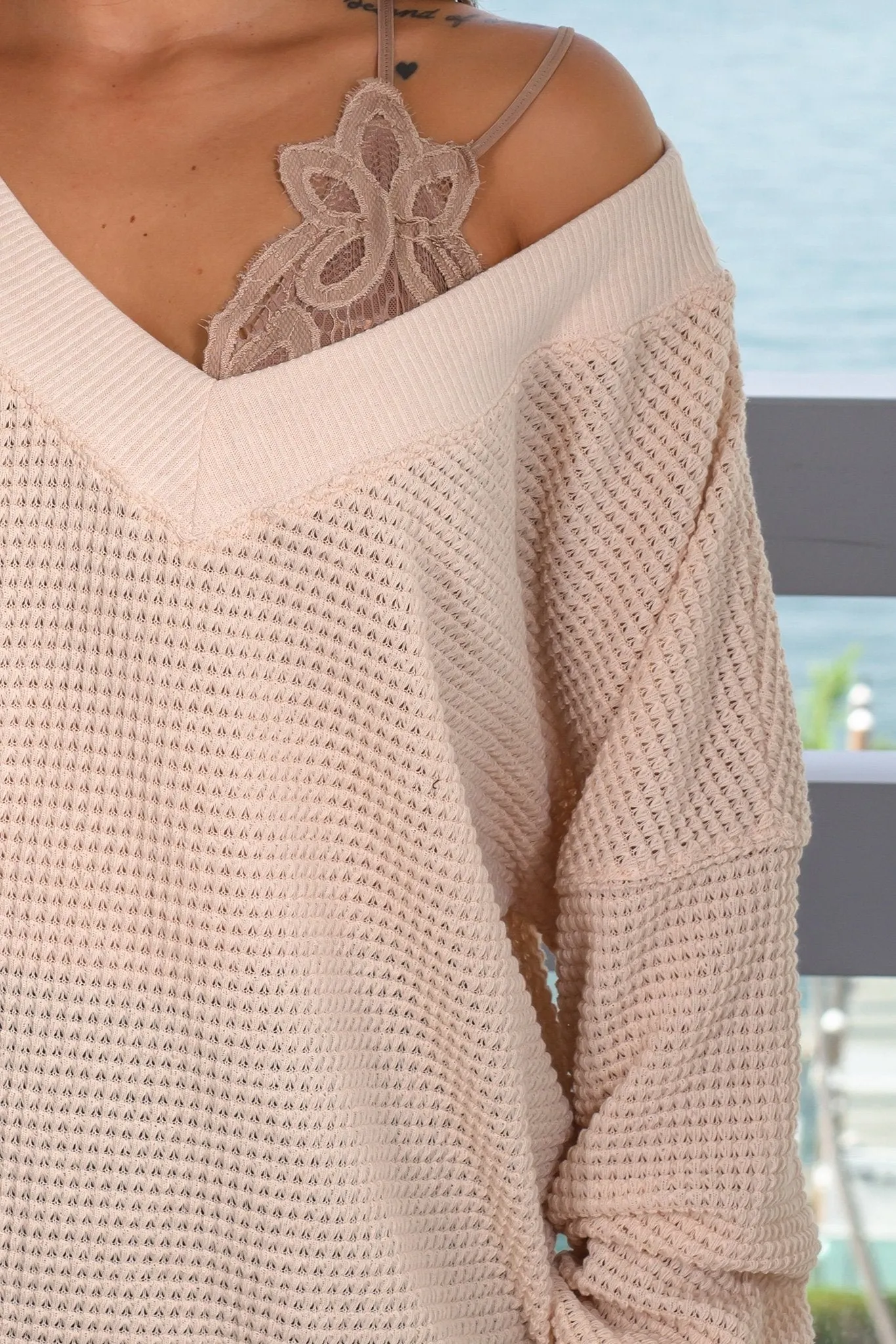 Taupe Knit V-Neck Sweater