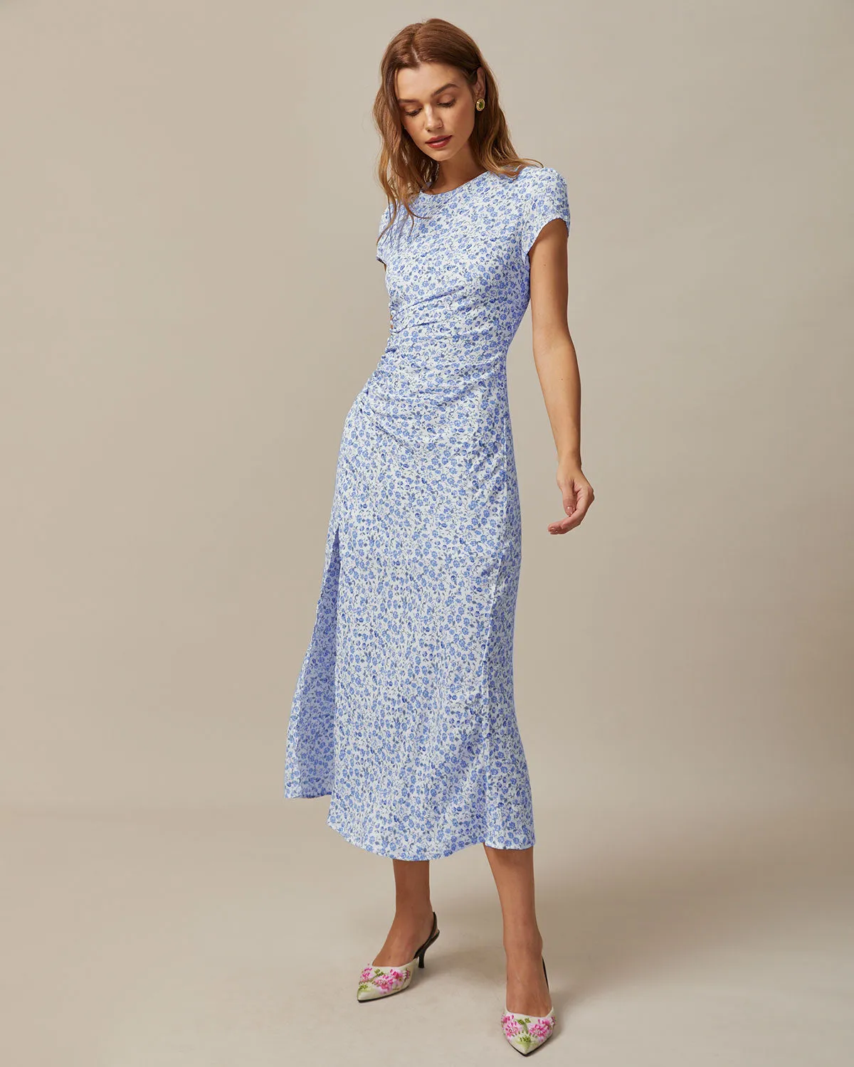 The Blue Round Neck Floral Slit Midi Dress