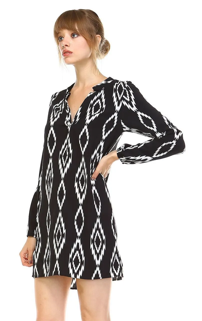 Tunic Top Blouse Tribal Diamond Black White