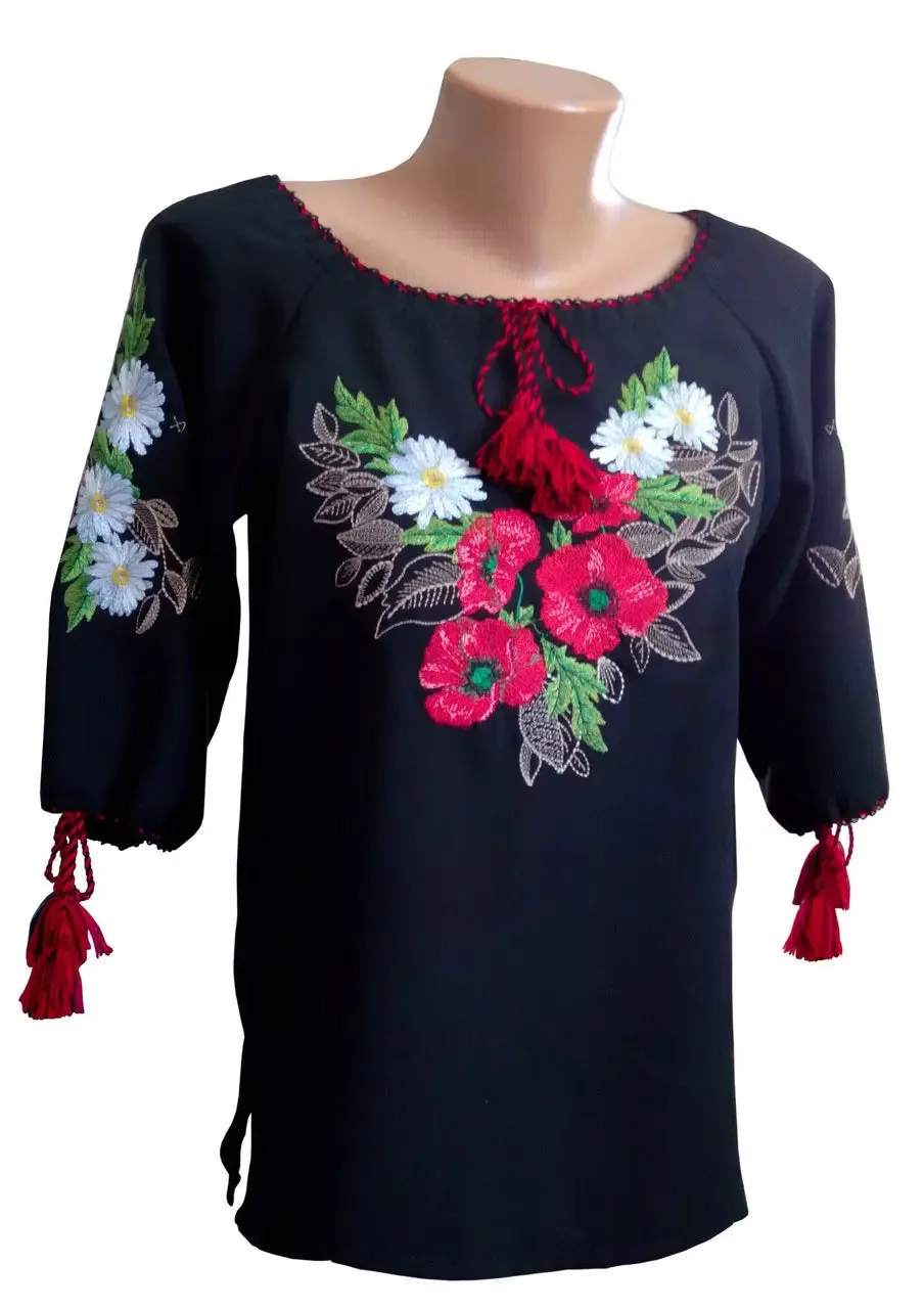 Ukrainian embroidered blouse with a floral ornament of poppy-chamomile