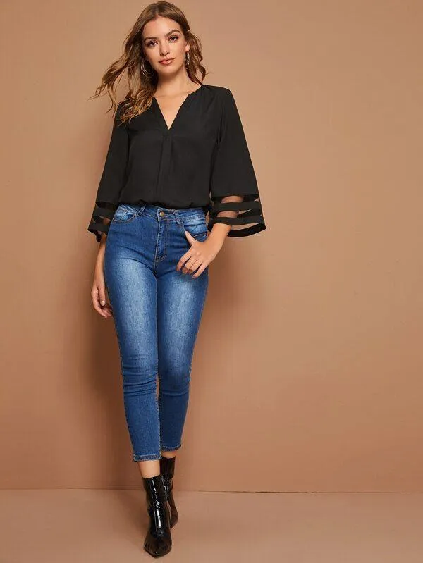 V-cut Neck Mesh Insert Blouse