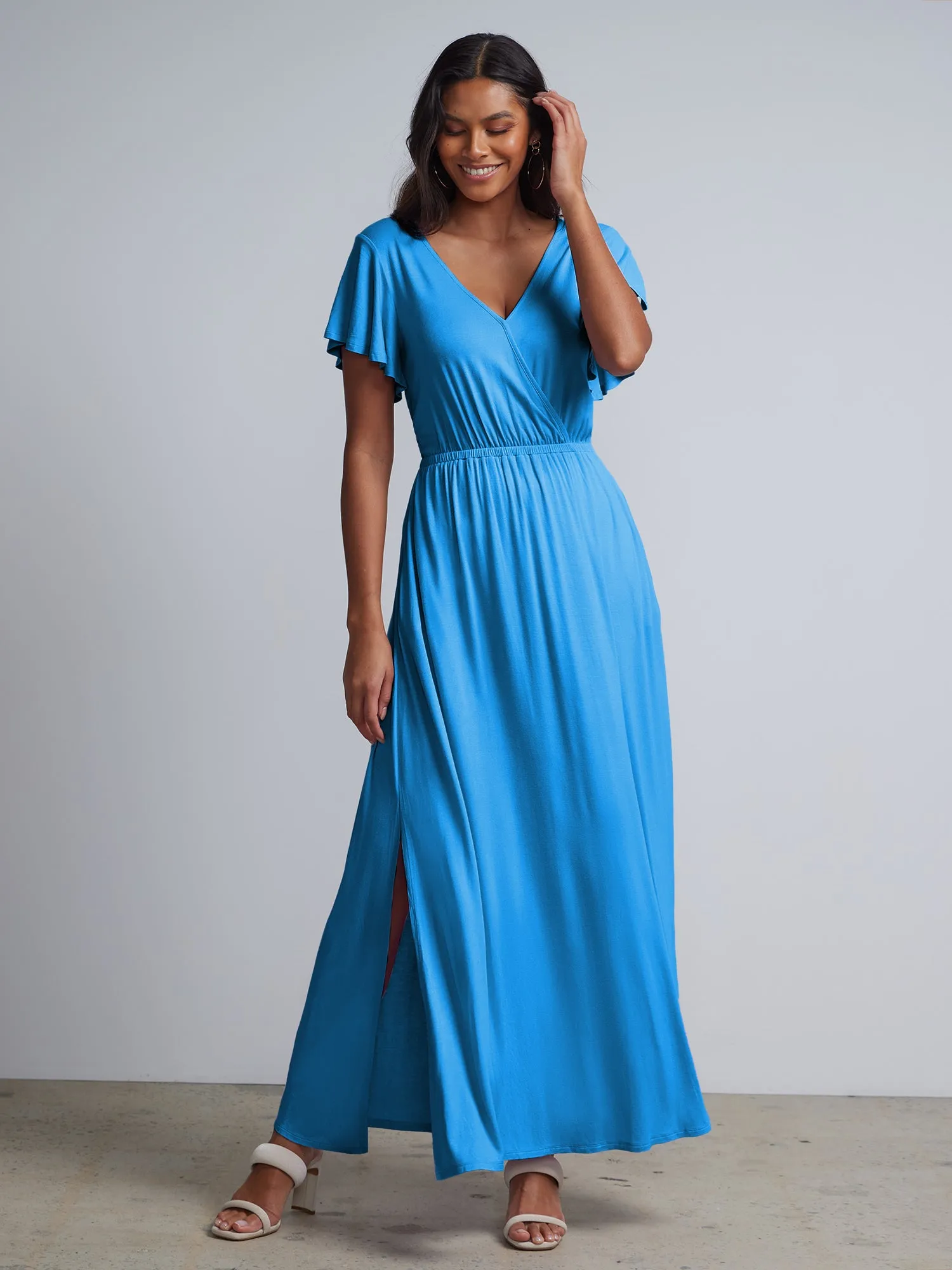 V-Neck Ruffle-Sleeve Maxi Dress