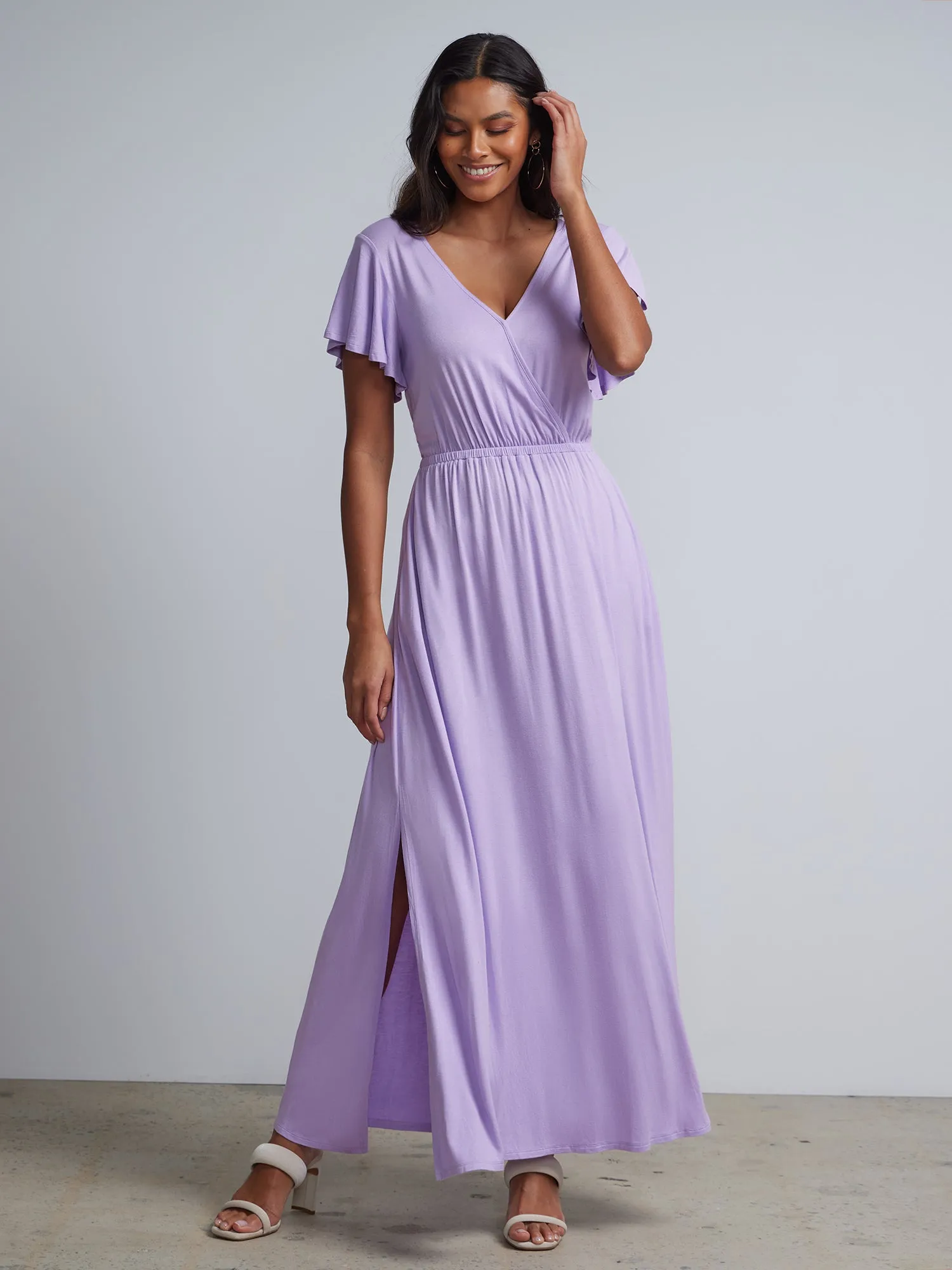 V-Neck Ruffle-Sleeve Maxi Dress