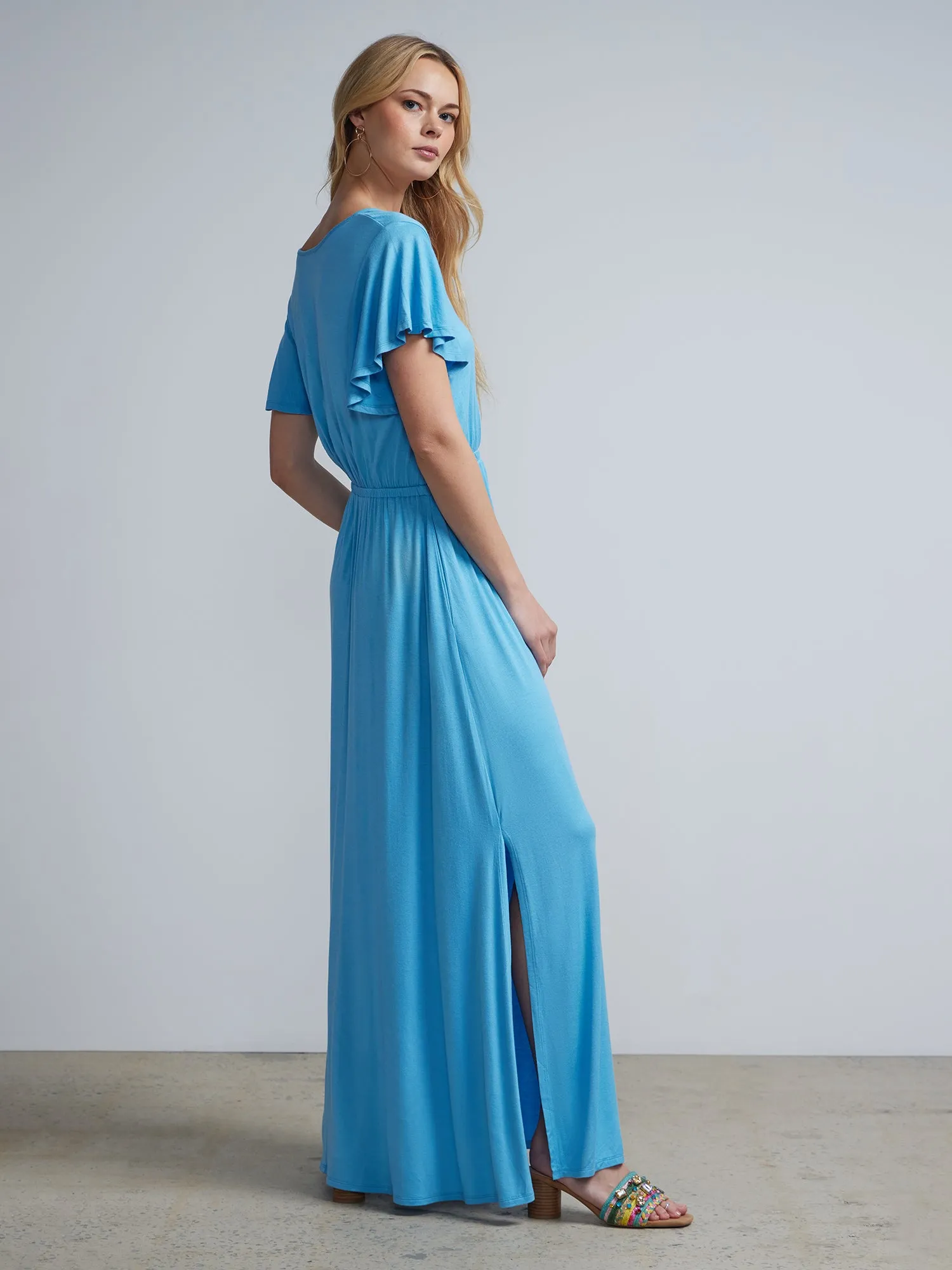 V-Neck Ruffle-Sleeve Maxi Dress