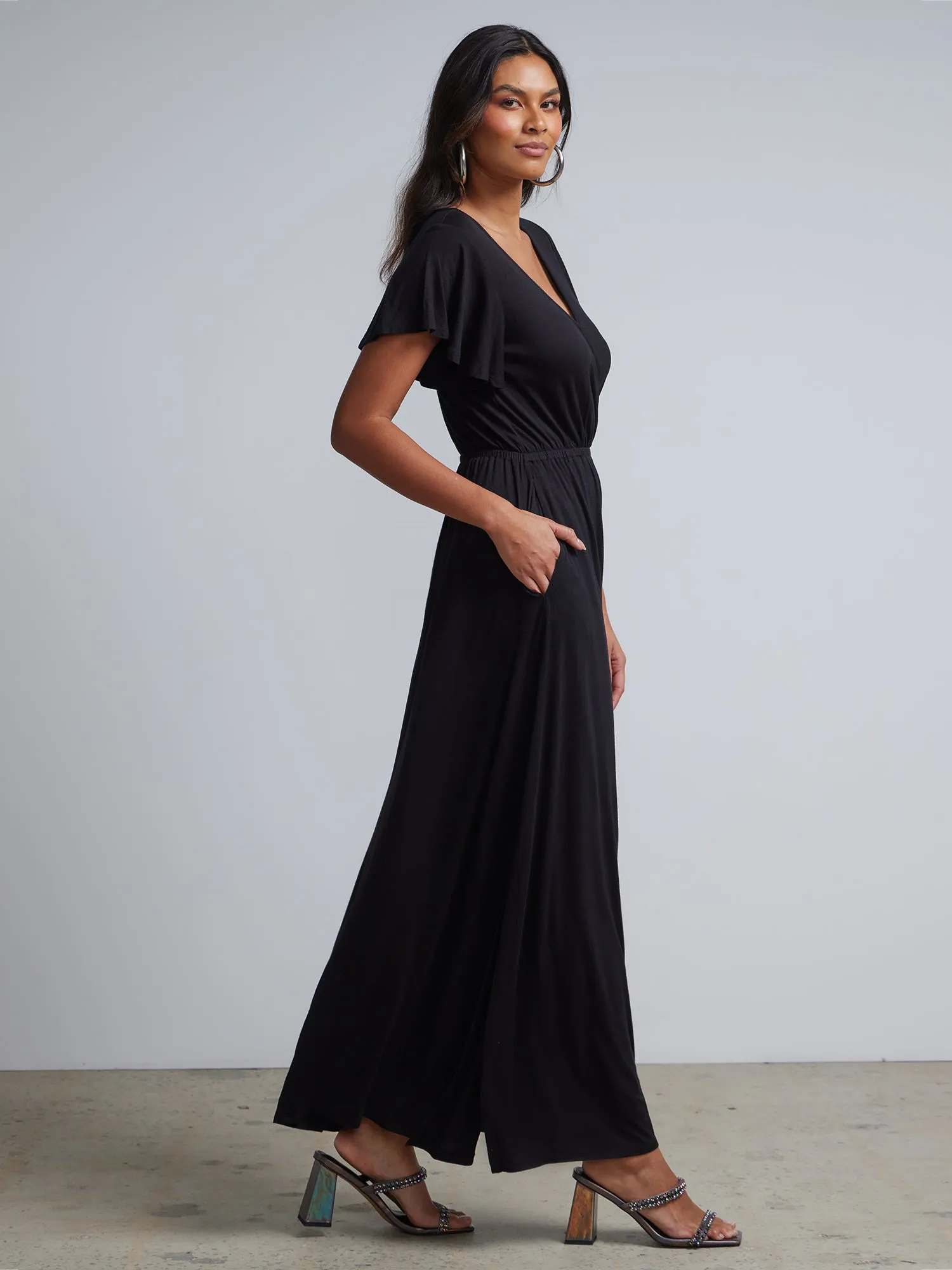 V-Neck Ruffle-Sleeve Maxi Dress