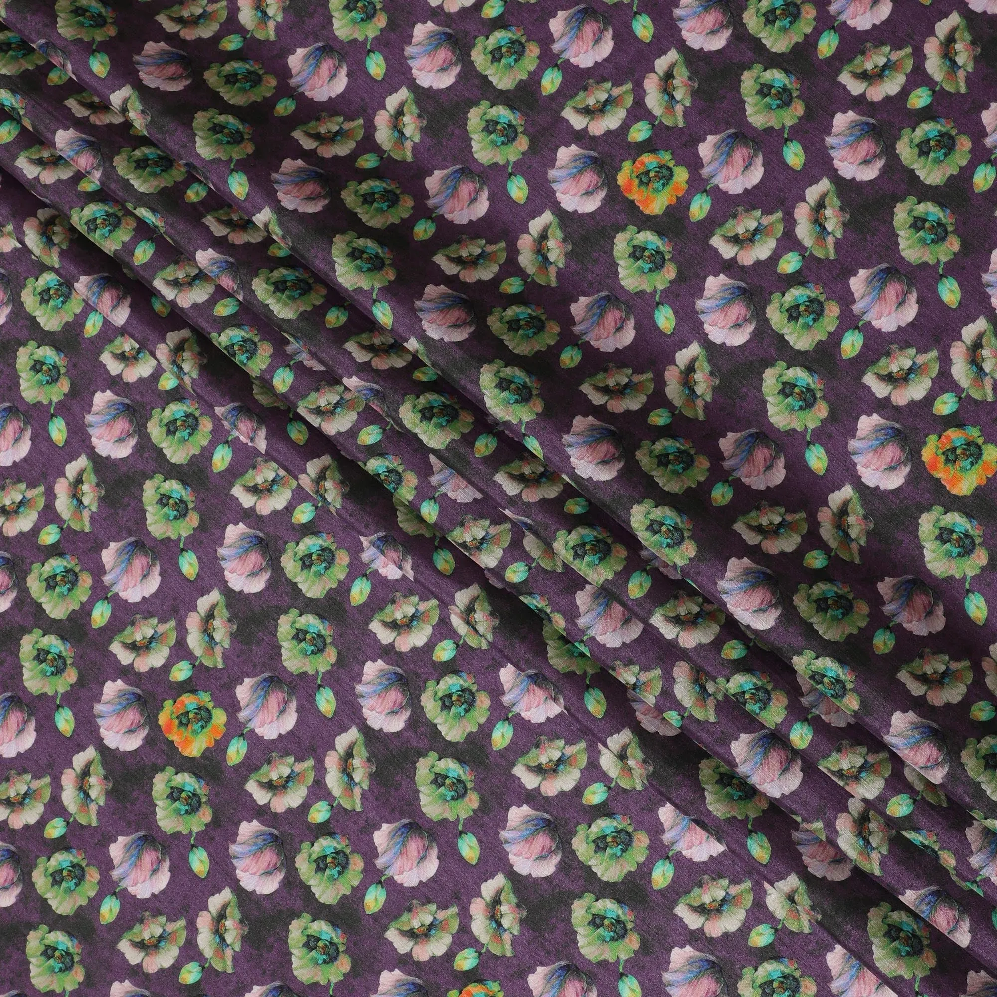 Vibrant Purple and Green Floral Viscose Modal Satin Fabric - 110 cm Width-D19980