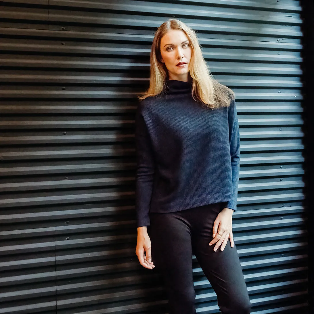 Waffle Knit - Funnel Neck Sweater Top - Navy - Final Sale!