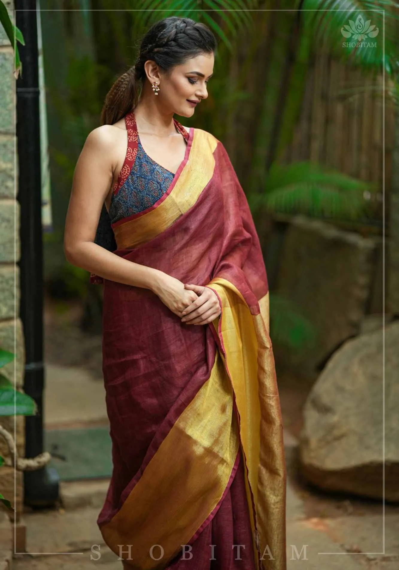 Wide Antique Golden Border Linen by Linen Saree in Maroon Pre Drape Saree