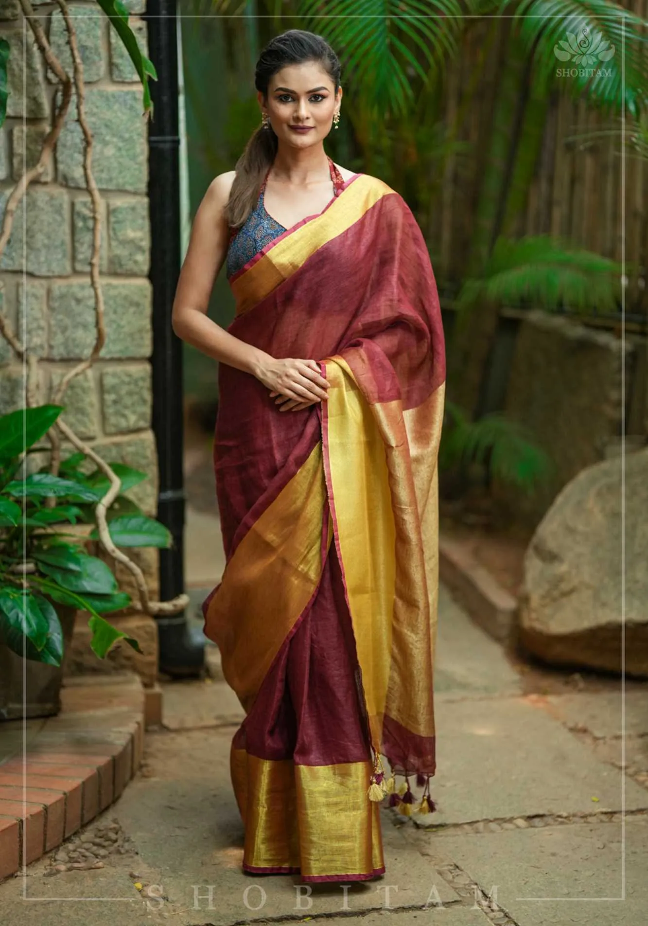 Wide Antique Golden Border Linen by Linen Saree in Maroon Pre Drape Saree