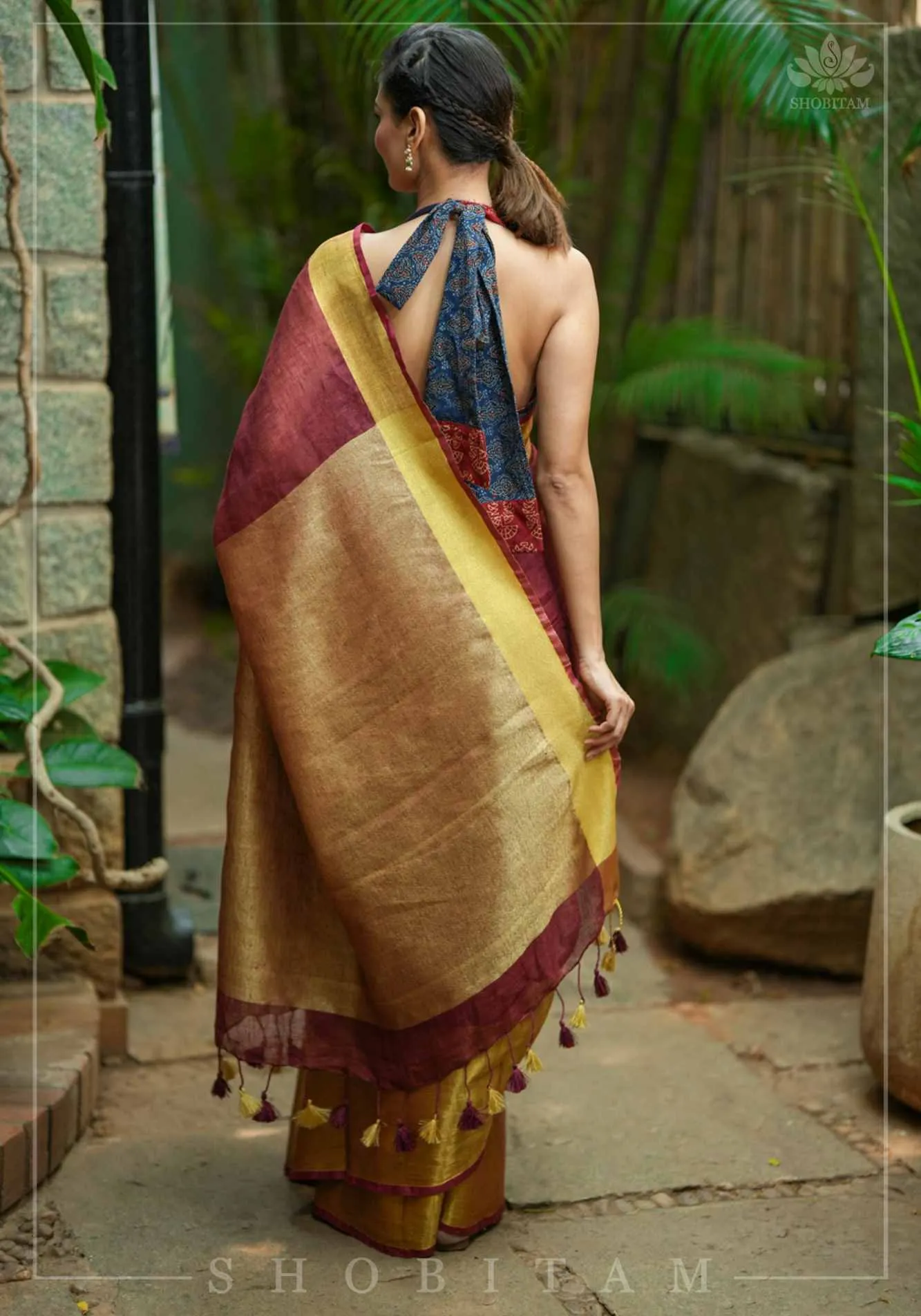 Wide Antique Golden Border Linen by Linen Saree in Maroon Pre Drape Saree