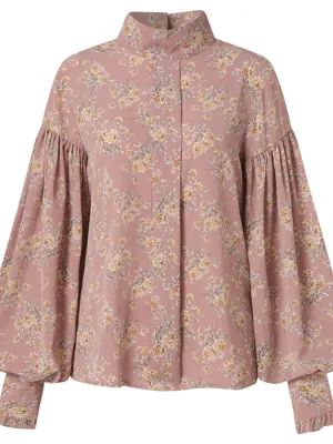 Women Lantern Sleeves Floral Pleated Stand Collar Patterned Shirt