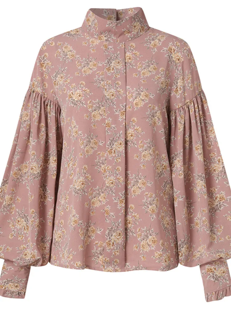 Women Lantern Sleeves Floral Pleated Stand Collar Patterned Shirt