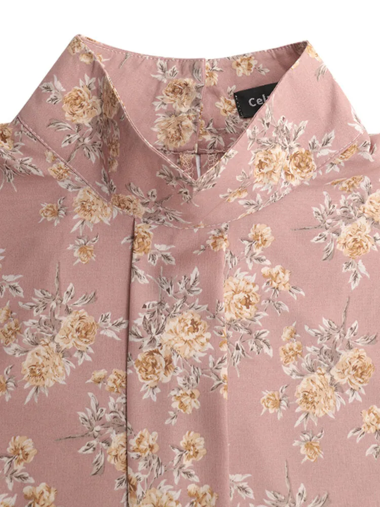 Women Lantern Sleeves Floral Pleated Stand Collar Patterned Shirt